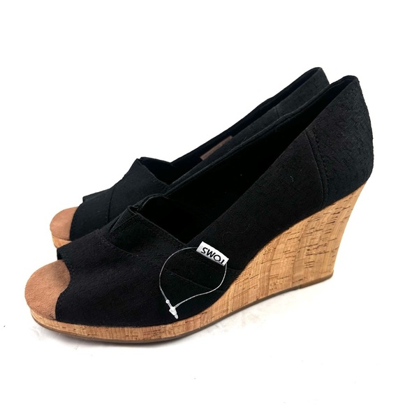 Toms Classic Espadrille Wedge 9 Black Canvas Slip On Heels Womens Brand New - Picture 1 of 9